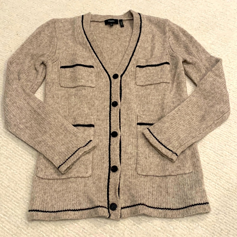 Theory Beige Cardigan with Black Trim